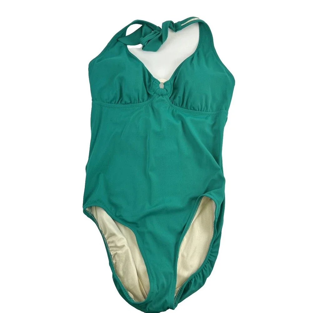 Lands End One Piece Swimsuit Green Halter Tie Neck Ring‎ V-Neck Beach Plus 18